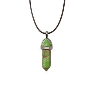Natural Green Jasper Chakra Healing Crystal‎ Point Pendant Brown Cord Necklace
